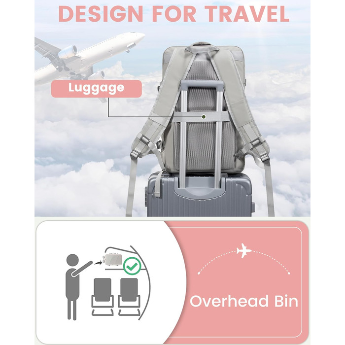 Рюкзак LOVEVOOK 30-40L для ручної поклажі, розширюваний, для ноутбука 17 дюймів, антикрадійний, чорний (17,3 дюйми, рожево-сірий)