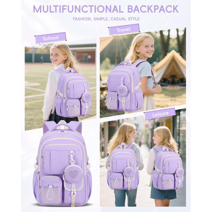 Рюкзак для дівчинки Tanou: шкільний, дихаючий, зручний, модний, з оксфордської тканини, 3-5 клас, фіолетовий