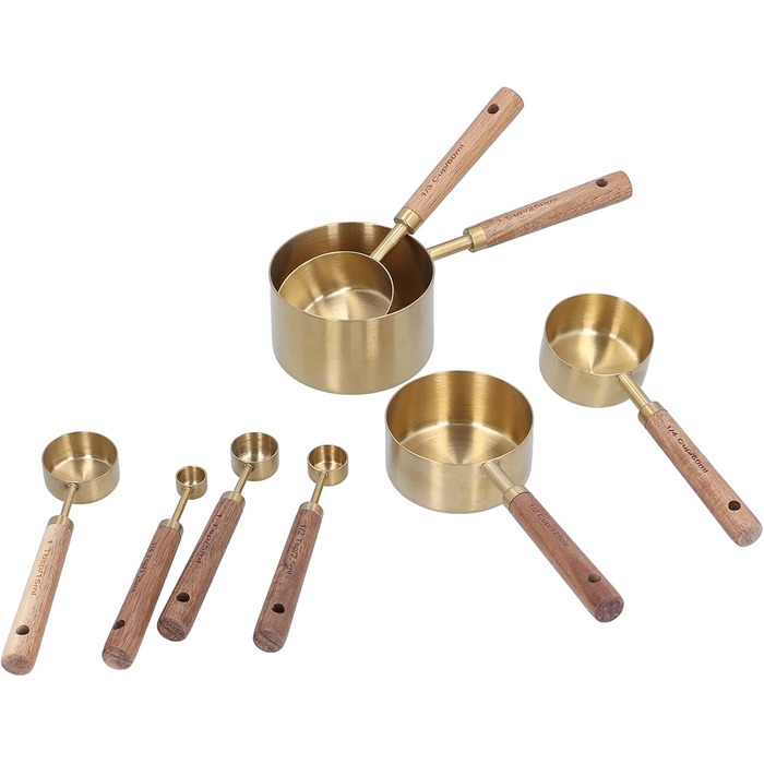 8-Piece Stainless Steel Measuring Cup Set with Wooden Handle – Premium Bartender Scale, Measuring Spoon, Baking Tool Set for Precise Measurements