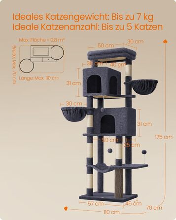 Кігтеточка Feandrea, 175 см, XL, багатоярусна з 2 будиночками, 2 лежаками, 5 кігтеточками, щіткою для котів, великою платформою, темно-сіра
