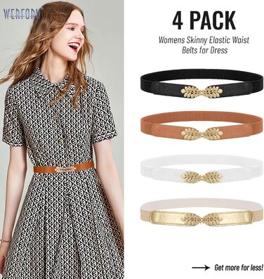 Жіночий еластичний пояс WERFORU Vintage Широкий пояс для сукні, еластичний цинч-пояс, чорний+білий+коричневий+бежевий (чорний+білий+коричневий+золотий), обхват талії 82-99 см