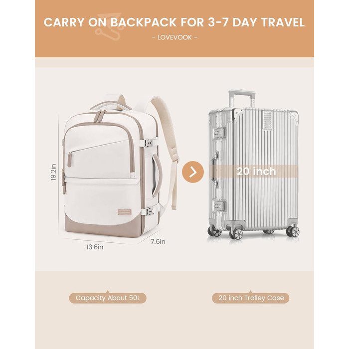 LOVEVOOK Рюкзак для ручної поклажі 40л, для подорожей, з відділенням для мокрого та сухого, для ноутбука, 45x36x20 см (Бежевий Хакі)
