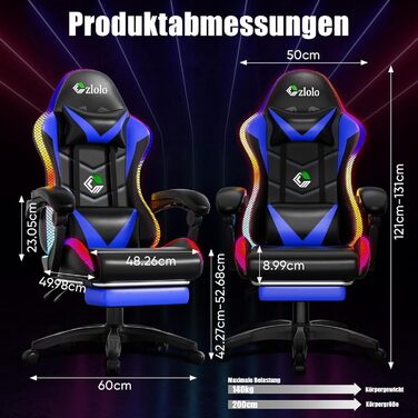 Геймерське крісло Czlolo RGB LED з підставкою для ніг, ергономічне, для дорослих та дітей, блакитне