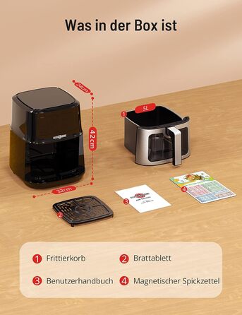 Фритюрниця PARIS RHÔNE з гарячим повітрям 5L XL з оглядовим вікном, 8-в-1, для миття в посудомийній машині, з One-Touch управлінням, антипригарне покриття кошика та знімний піддон