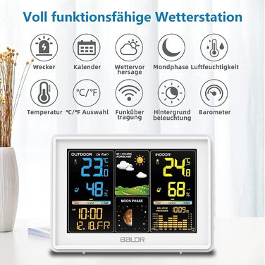 BALDR Weather Station Radio with Outdoor Sensor, Digital Color Display DCF Radio Clock Indoor and Outdoor Thermometer Hygrometer, Radio Weather Station with Weather Forecast, Barometer and Moon Phase, Power Adapter White - with white sensor