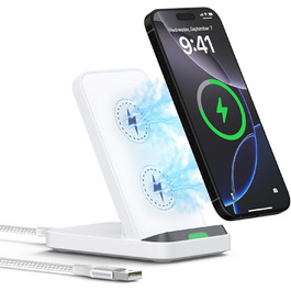 Бездротовий зарядний стан 15W для Samsung Galaxy S25/S24/S23/S22/S21 FE та iPhone 16/15/14, Google Pixel 9/8/7/6 (білий)