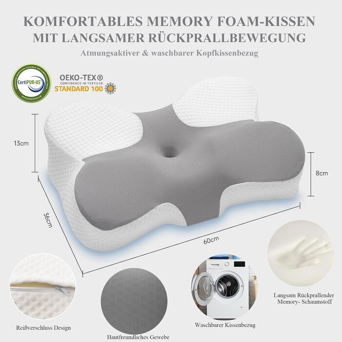 Подушка для шиї Z-hom, подушка для голови з Memory Foam, ергономічна подушка для шиї, подушка для тих, хто спить на боці, на спині та животі, ергономічна подушка для сну на боці 60 x 36 x 13/8 см