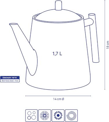 Kela Teapot with infuser, stainless steel teapot 1.7 l ANCONA, teapot for loose leaf tea and tea bags, tea maker, silver