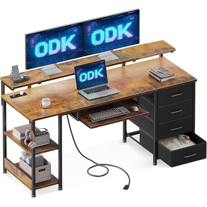 Письмовий стіл ODK з 4 шухлядами, розетками та USB, комп'ютерний стіл з полицею і висувною полицею для клавіатури, геймерський стіл для офісу та вітальні, 140x52x92 см, коричневий