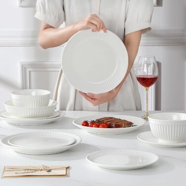 MALACASA LEILA Набір посуду на 6 осіб, 24 елементи: тарілки, миски, порцеляна, ручна робота, для мікрохвильовки та посудомийної машини, білий