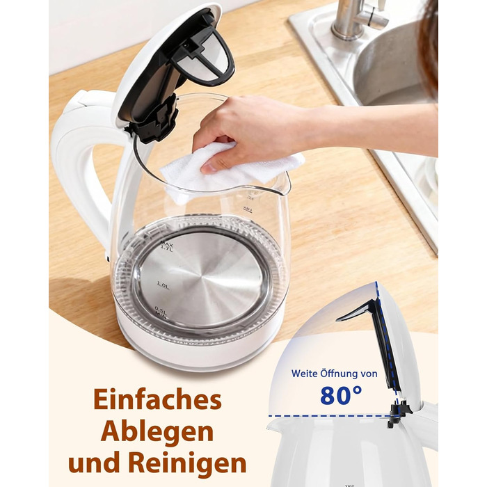 Електричний чайник Aigostar 1.7 л, 2200 Вт, зі скляною колбою, LED-підсвічуванням, без BPA, з фільтром від накипу, чорний (Eve)