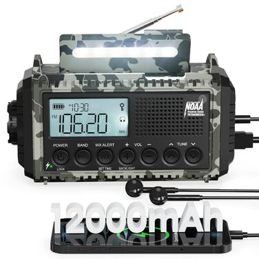 Радіо Kurbelradio 12000 mAh: Сонячне, ручне, аварійне, портативне ретро-радіо AM/FM/SW з ліхтариком, USB-зарядкою, SOS-сигналом для кемпінгу та надзвичайних ситуацій (Сірий камуфляж)
