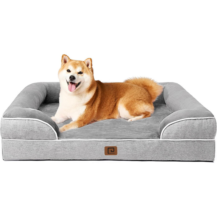 Ортопедичне ліжко для собак EHEYCIGA, великі та середні породи, 91x68 см, Memory Foam, вологостійке, з високим бортиком, сіре