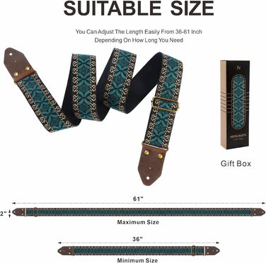 Гітарний ремінь Nefelibata з вишивкою, бавовна з дзеркальним краєм з Crazy Horse шкіри, для бас-гітари, електро- та акустичної, подарунок для дітей та гітаристів (вишивка зелена)