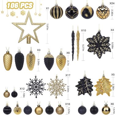 Набір прикрас для ялинки Shareconn: 106 шт. чорно-золотих кульок, 24 кольори, ударостійкий, для святкування, весілля