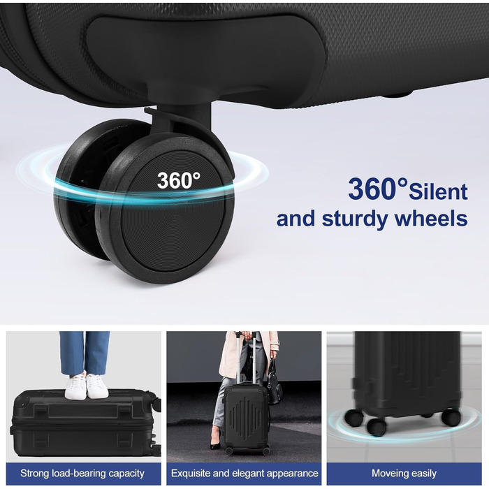 Набір валіз LEADZM 4 шт. з косметичкою, посилені кути, ABS, телескопічна ручка, ручна поклажа (Чорний)