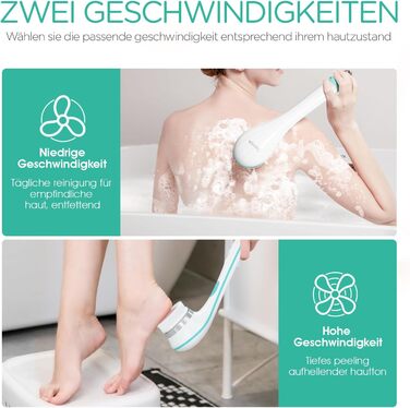 VOYOR Back Brush Shower Brush Body Brush Electric Back Scrubber with Long Handle Waterproof Rechargeable with 4 Cleaning Heads for Spa Shower Exfoliating Massage Brush BC100 (Blue)