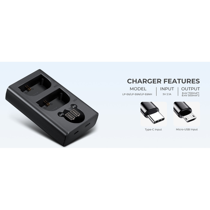 Зарядний пристрій та 2 акумулятори LP-E6 / LP-E6NH для Canon EOS R, 5D Mark IV, III, 70D