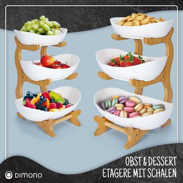 Dimono® Етажерка для сервірування: 3-ярусна етажерка для подачі їжі з керамічних мисок та бамбукового підставки. Ідеально для десертів, фруктів, овочів та солодощів.