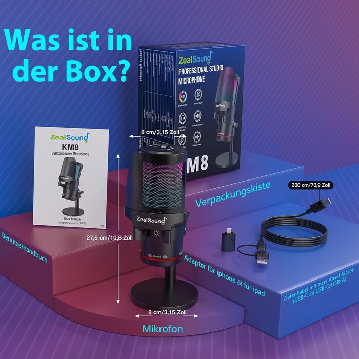 Zealsound USB мікрофон для ПК та мобільного телефону: RGB, з регулюванням гучності, кнопкою вимкнення звуку, поп-фільтром, тримачем-амортизатором та підставкою. Для подкастів, стрімінгу, Discord, YouTube, TikTok (KM8)