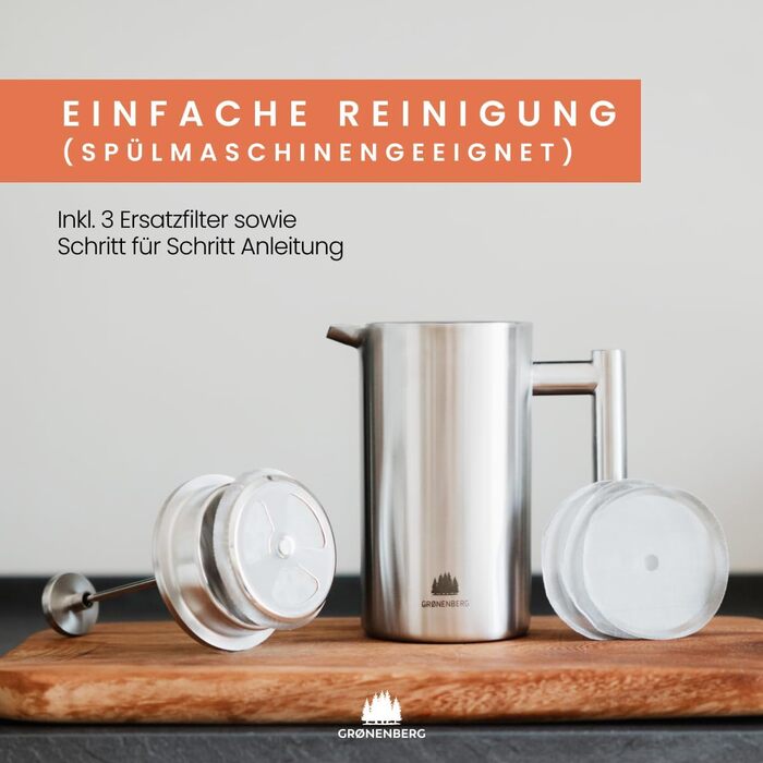 Groenenberg Spar Set 5 | French Press Thermo + Manual Coffee Grinder | French Press + Hand Coffee Grinder made of high-quality stainless steel 1 Liter French Press