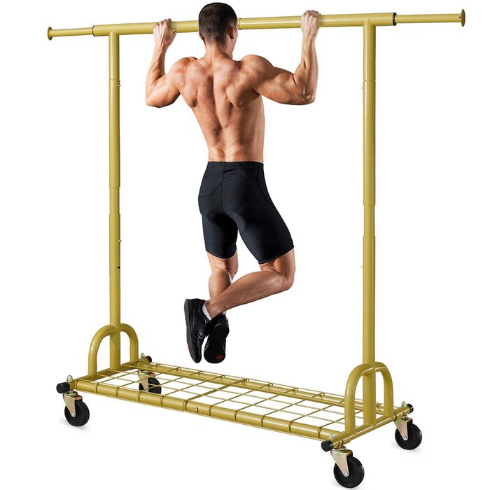 Стійка для одягу HOKEEPER на колесах, важка, подвійна, до 283 кг, промисловий дизайн, з полицею та кошиком для білизни, регульована довжина та висота (S002GD)