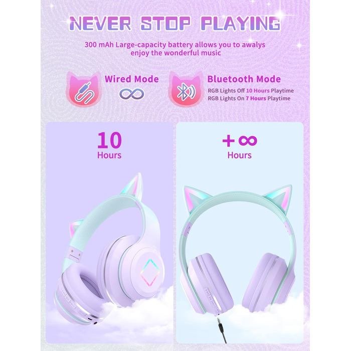 Бездротові навушники Bluetooth для дітей з LED-підсвіткою, котячими вушками та мікрофоном, HD Stereo, складна конструкція, регульоване наголов'я, для дівчаток, фіолетовий колір