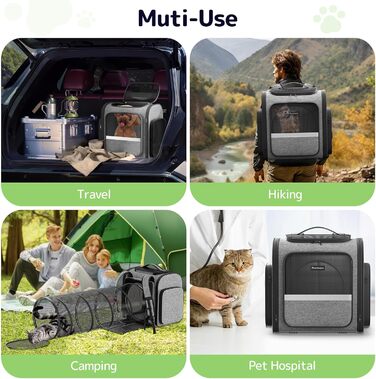 Рюкзак-переноска для котів Pawtners з розширеним тунелем для ігор, дозволений авіакомпаніями, для маленьких собак та великих котів до 11,3 кг, сірий, розмір L 40 x 32 x 38 см