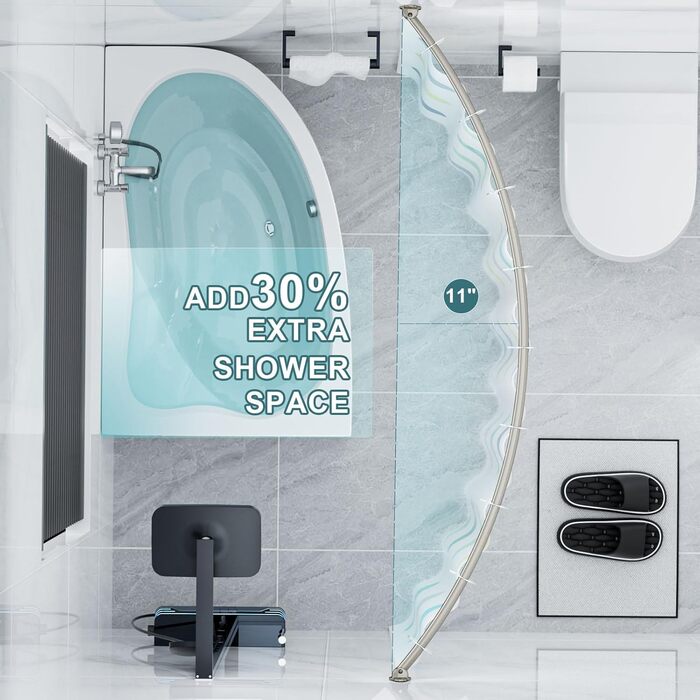 Вигнута регульована штанга для душової завіси, 101,6–182,9 см, нержавіюча сталь, розширювана, алюміній, кругла, міцна, для ванної/душової кімнати, монтаж з свердлінням, хром