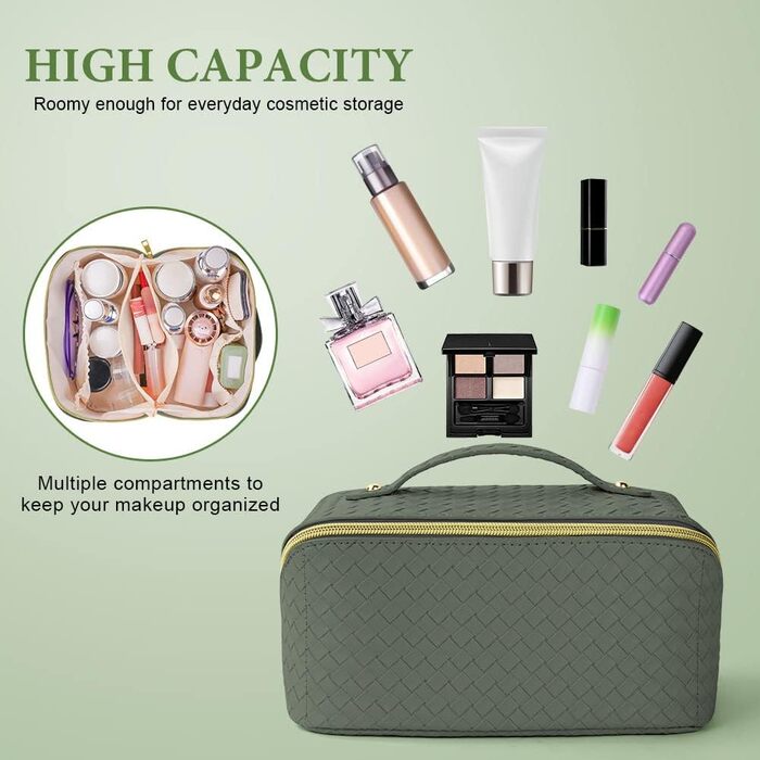 Косметичка для подорожей з PU шкіри, велика містка, водонепроникна, органайзер для туалетних аксесуарів (зелений колір, плетіння)