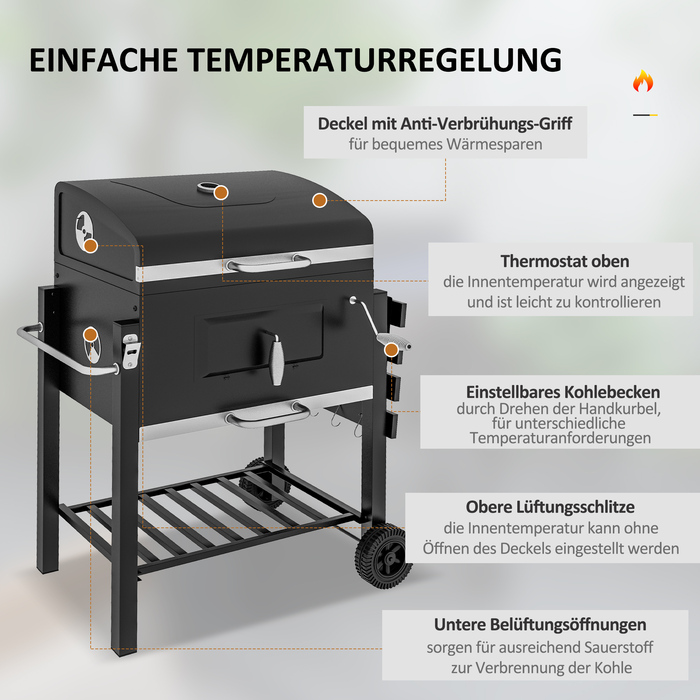 Grillwagen Outsunny на вугіллі, гриль-стіл, гриль з нержавіючої сталі, чорний, 113x65x108 см для саду та тераси