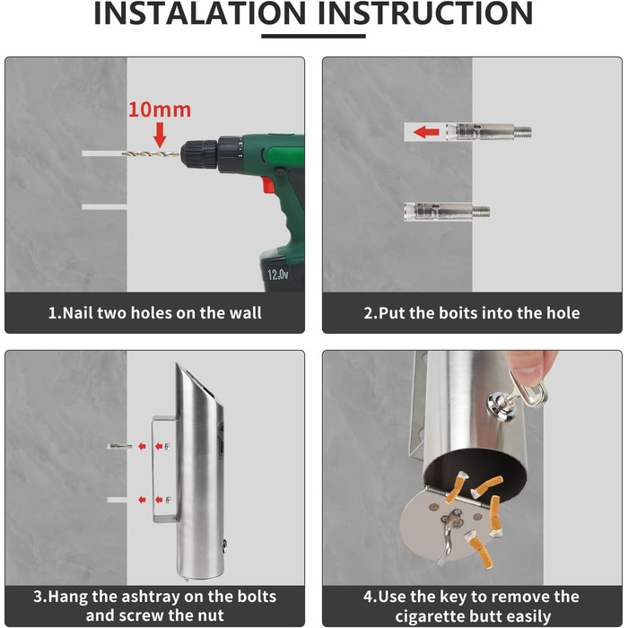 Настінний попільничка CPROSP з нержавіючої сталі, 28.5 x 6.5 см, з замком, для саду, двору, вілли, монтаж на стіну