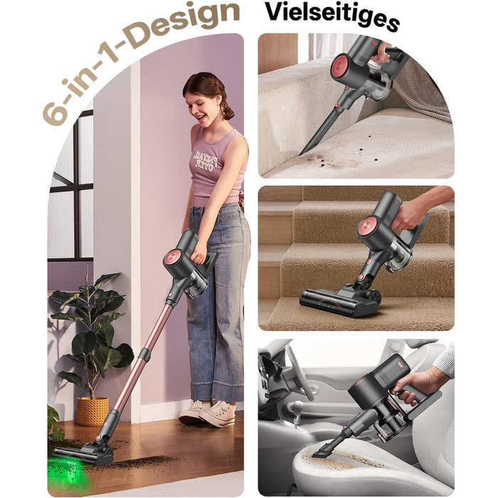 Бездротовий акумуляторний пилосос Vexilar V10PRO 6-в-1 з LED, потужність 450W, час роботи 45 хв, сила всмоктування 45000Pa. Підходить для твердих поверхонь, килимів та видалення шерсті тварин. Компактний, легкий, з телескопічною трубою. Колір: Рожевий.