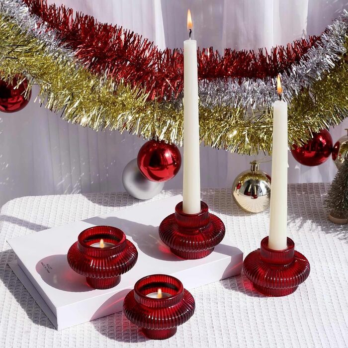 VOHO Candle Holders, Ribbed Glass, Stylish Boho Candle Holders, Stackable and Reversible, for Candle Stands and Votive Candles, e Candle Holders, Table Decoration, Set of 12 (Red/Getaway, Solid (Getaway Solids))