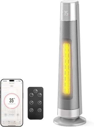 Електричний обігрівач PTC 2000W з термостатом та дистанційним керуванням, тихий, з осциляцією 70°, таймером 12h, захистом від перегріву та нахилу, чорний, 1 шт. (74 см, сріблястий)