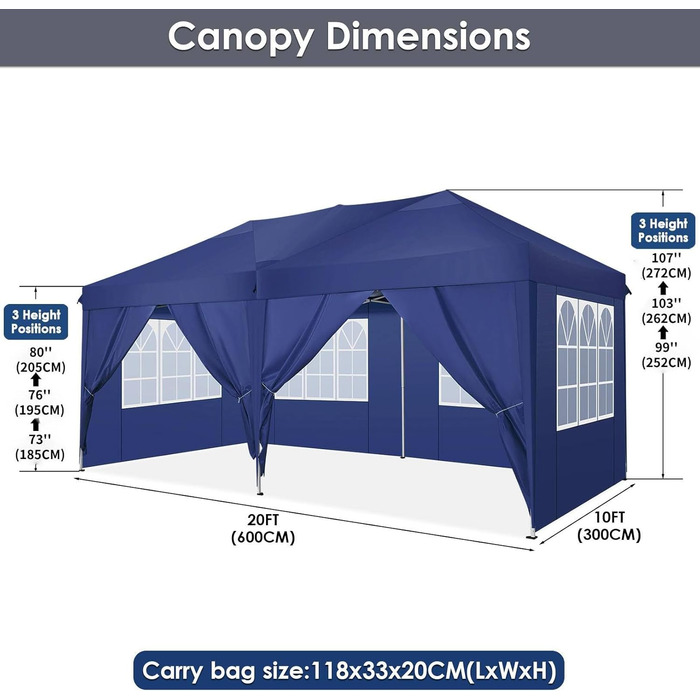 COBIZI Pavilion - Waterproof, Stable, Winter-Proof, Foldable, Pop-Up Party Tent, Garden Pavilion for Beach Wedding, with 4 Side Panels, UV Protection 50+, Adjustable Height (Navy Blue, 3x6m)