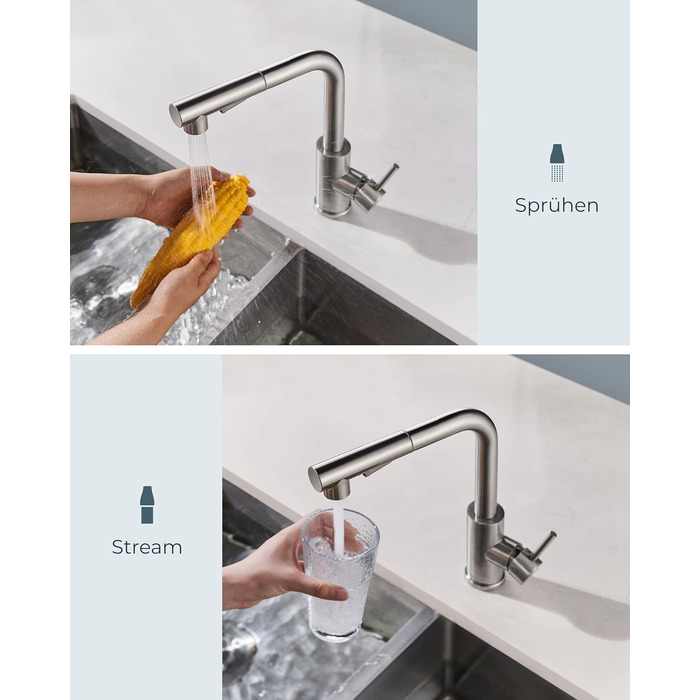 Змішувач кухонний FORIOUS висувний з душем, шланговий, нержавіюча сталь, 360° обертання, 2 режими, L-подібний