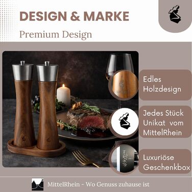 Мельниця для солі та перцю LORELEY® Mittelrhein Germany з дерев'яним корпусом та керамічним механізмом – з підставкою та пензлем – подарункова упаковка | Подарунок на весілля/новосілля (преміум нержавіюча сталь)