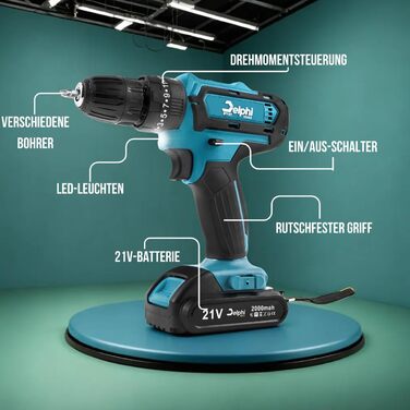 DELPHI 21V акумуляторний шуруповерт Set з 2 акумуляторами, 2 швидкості, 24 ступені крутного моменту, LED-підсвічування, для DIY-проєктів, 41-елементний набір з кейсом