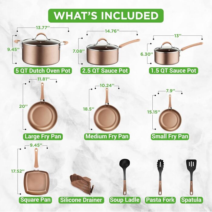 NutriChef 20-Piece Cookware Set - Non-Stick / Induction Pots & Pans Set / PFOA/PFOS-Free / Includes Frying Pans, Pots, Round Cake Pan, Loaf Pan, Roasting Pan, Muffin Tin - Shiny Gold