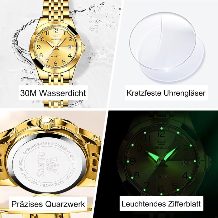 Годинник жіночий OLEVS з нержавіючої сталі, кварцовий, аналоговий, з датою, золотий, водонепроникний