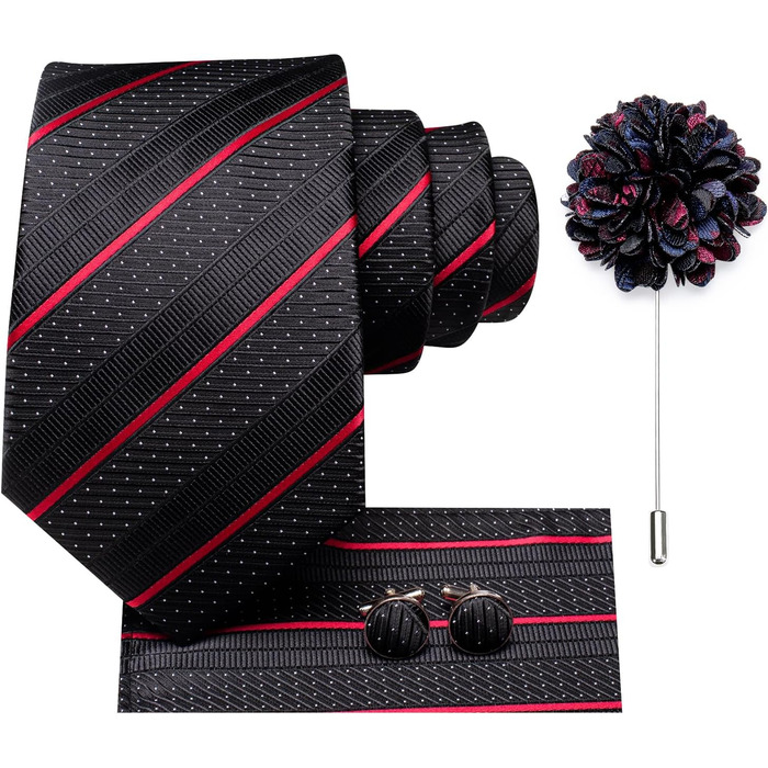 Набір краваток, нагрудних хустинок, запонок та латунної броші Hi-Tie для весілля та ділових зустрічей (чорний/червоний)