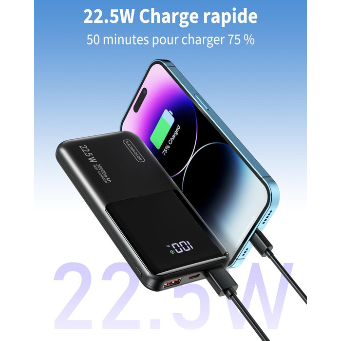 Портативний зарядний акумулятор Power Bank 20000mAh з швидкою зарядкою 22.5W, LCD дисплеєм, 1 USB-C, 2 USB-A для iPhone 17/16/15/14/13 та смартфонів, чорний