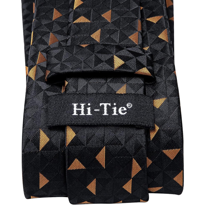 Чоловіча краватка Hi-Tie класична в клітку (чорно-золота) + запонки та нагрудна хустка - комплект