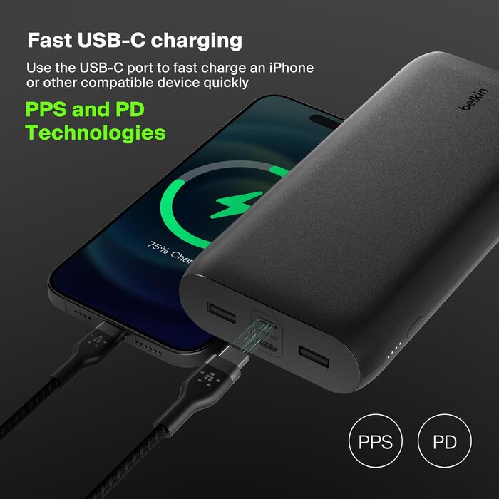 Powerbank Belkin BoostCharge 26000mAh з 4 портами USB-C та USB-A, швидка зарядка Power Delivery, для iPhone, iPad, Galaxy, Pixel