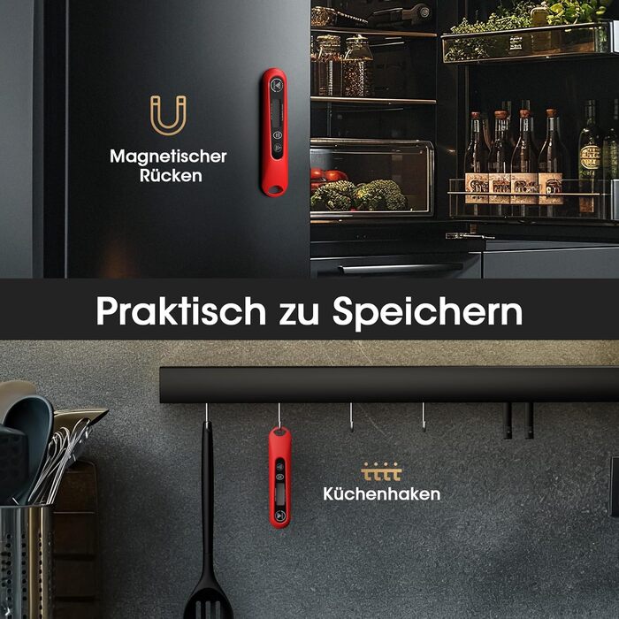 Цифровий кухонний термометр DOQAUS для м'яса, приготування, випікання та гриля. Швидка реакція, LCD екран, автовимкнення (червоний)