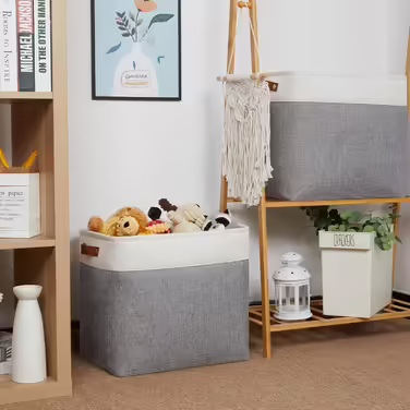 HNZIGE Large Storage Baskets, Rectangular Storage Baskets, Baskets for Organizing [2 Pack] Tall Shelf Baskets with Handles, Decorative Organizer for Home Storage, Closet (White-Gray)