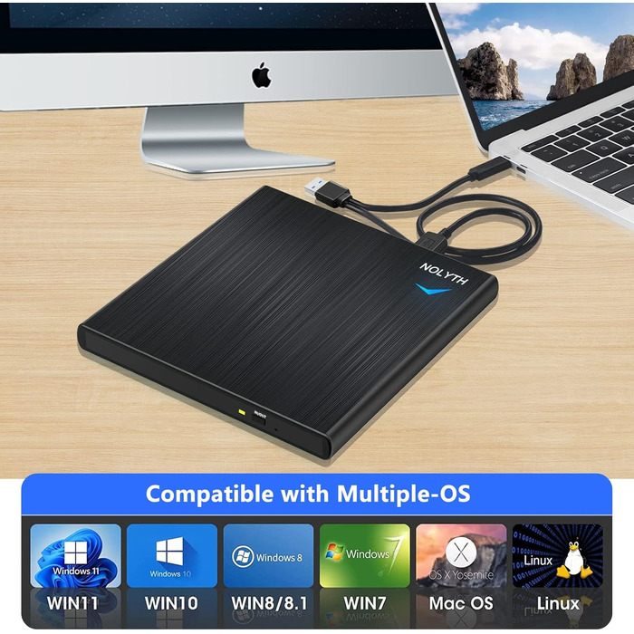 Зовнішній CD/DVD-привід USB 3.0 Type-C з аудіовиходом та USB-портами, тонкий DVD-RW плеєр та записувач для ноутбука, MacBook, Apple, чорний