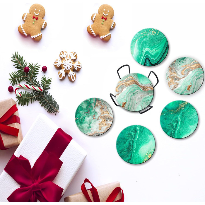 Dooke Coasters for Drinks, round, absorbent ceramic stone coasters with cork base, fun turquoise marble drink coasters