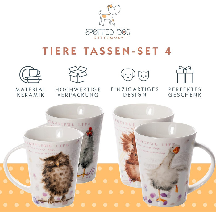 SPOTTED DOG GIFT COMPANY - Coffee mugs with beautiful animal motifs - Ceramic coffee cups - with owl, squirrel, goose, and chicken designs - Gift for animal lovers - Set of 4